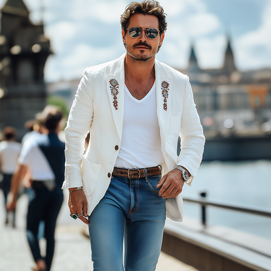 Men's Casual Fashion Spring And Summer Thin Cotton And Linen Embroidered Single-breasted Blazer DTT25061018
