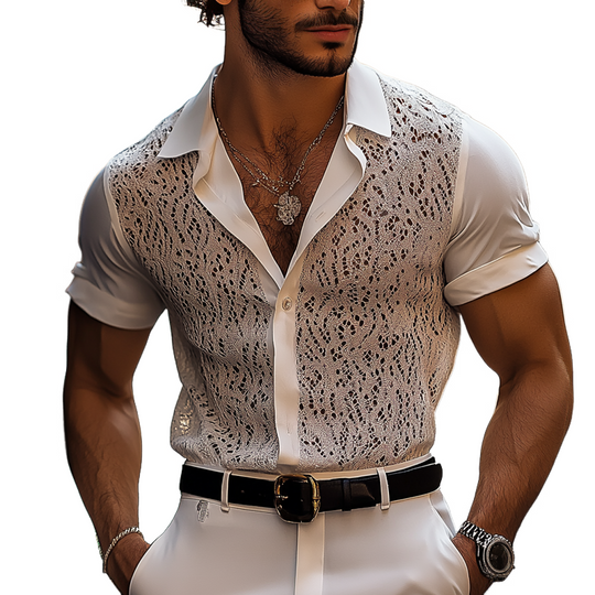 Men's Lace And Chiffon Stitching Lapel Short Sleeve Shirt DTT25070818