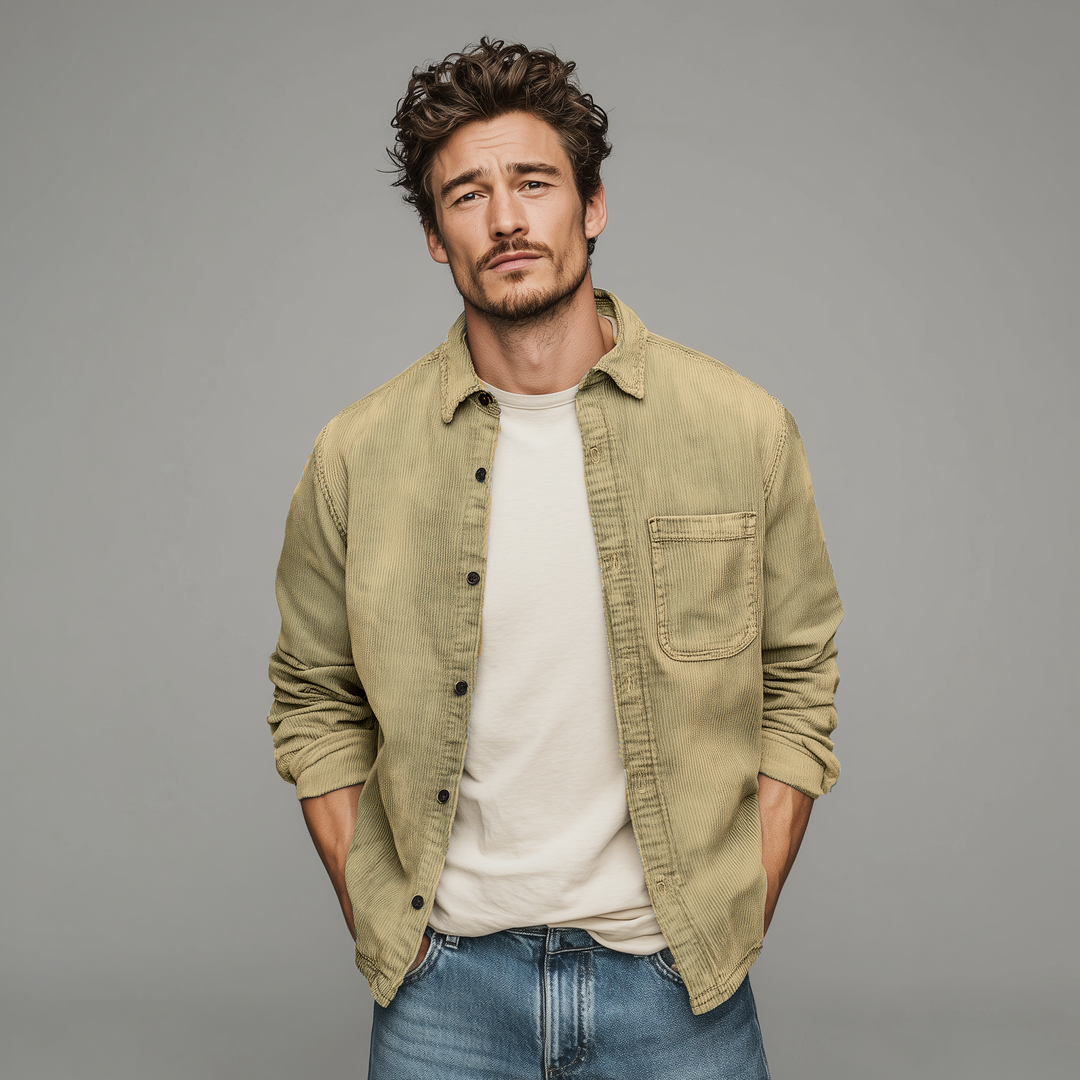 Men's Retro Casual Corduroy Washed Lightly Bleached Distressed Long-sleeved Shirt DTT25072807