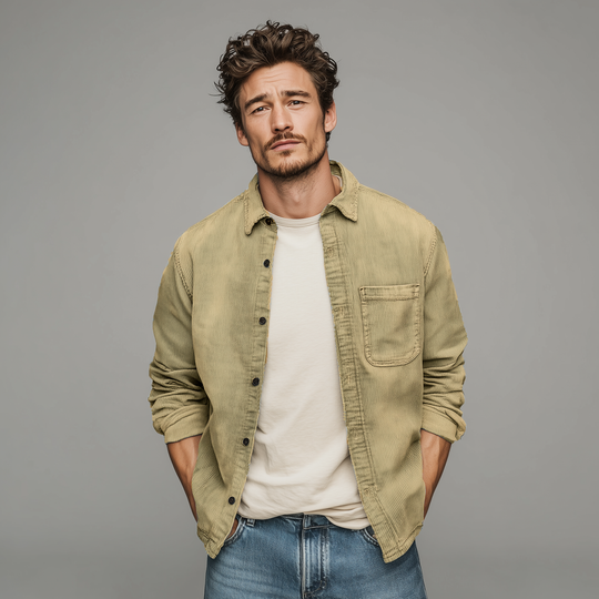 Men's Retro Casual Corduroy Washed Lightly Bleached Distressed Long-sleeved Shirt DTT25072807