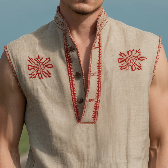 Men's Classic Casual Western Style Cotton And Linen Embroidered Henley Collar Loose Tank Top DTT25072913