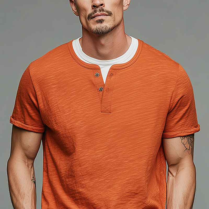 Men's Spring And Summer Fashion Casual Cotton Blended Henry Collar Fake Two-Piece Short Sleeve T-Shirt DTT25071106