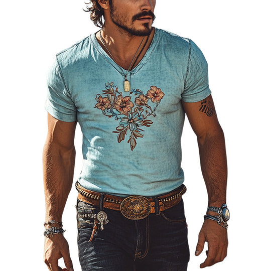Men's Western Cowboy Floral Print Short Sleeve V-Neck T-Shirt DTT25053004