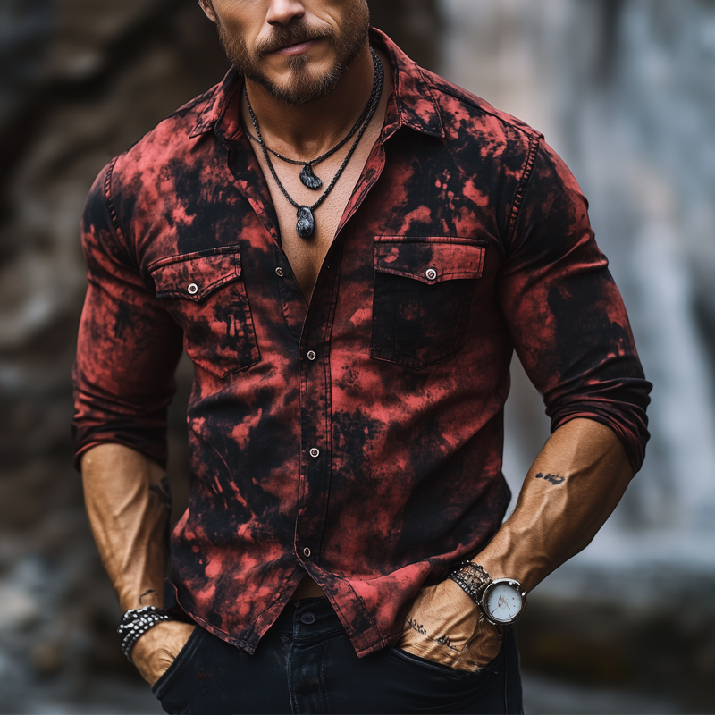 Men's Classic Black And Red Rendering Print Long Sleeve Shirt DTT25081211