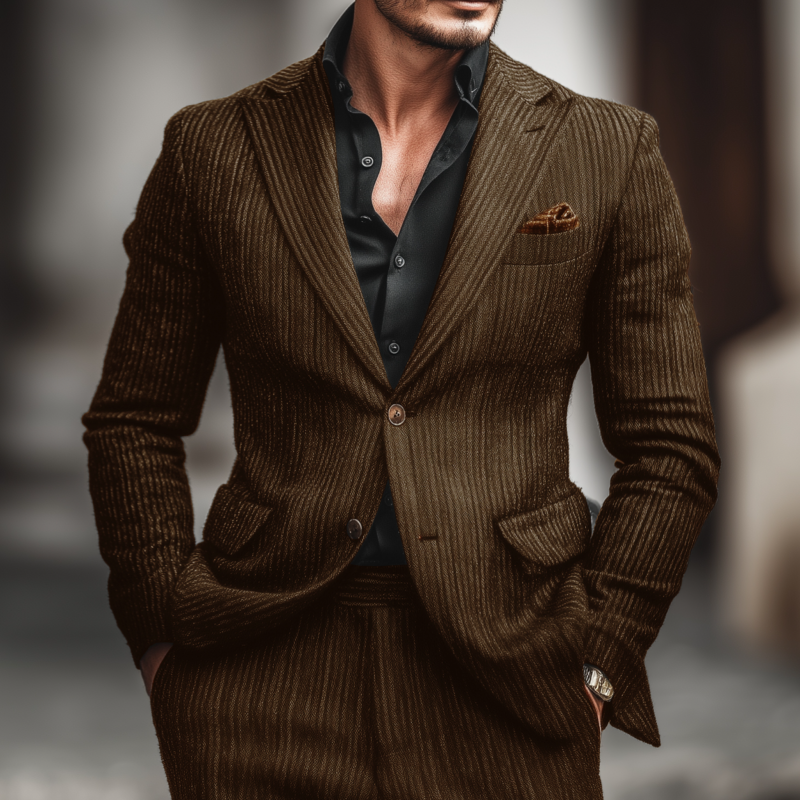 Men's Vintage Wool Blend Striped Peak Lapel Single-breasted Slim-fit Warm Blazer DTT25082202