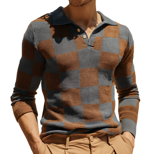 Men's Retro Casual Checkered Colorblock Knitted Long Sleeve Polo Shirt DTT25090420