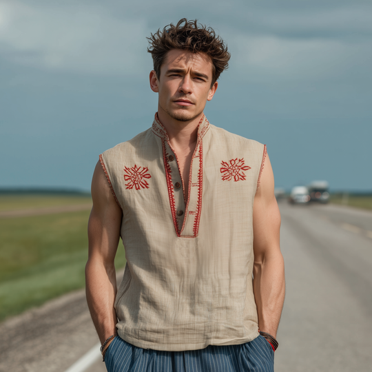 Men's Classic Casual Western Style Cotton And Linen Embroidered Henley Collar Loose Tank Top DTT25072913