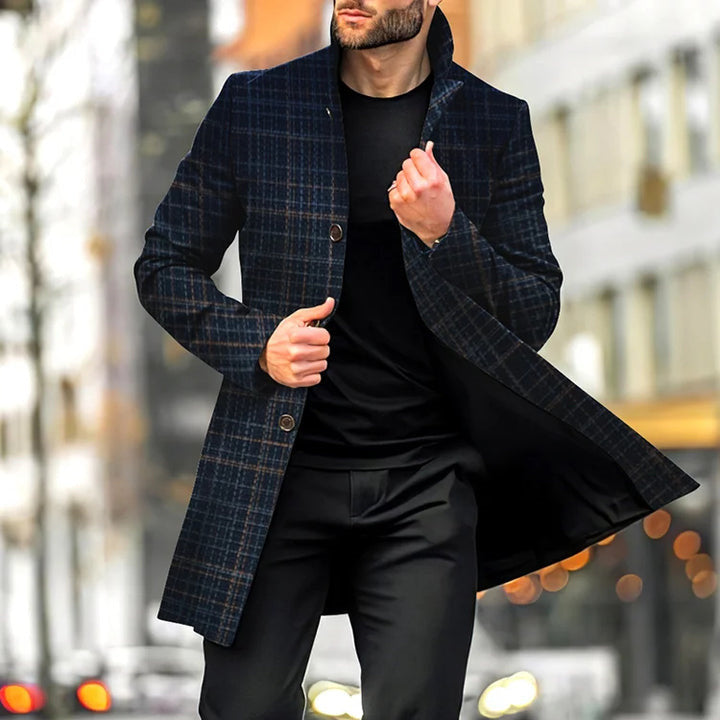Men's Casual Single Breasted Plaid Pattern Mid-Length Coat 9888555499704