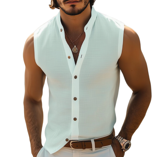 Men's Summer Basic Stand Collar Texture Sleeveless Shirt DTT25070806