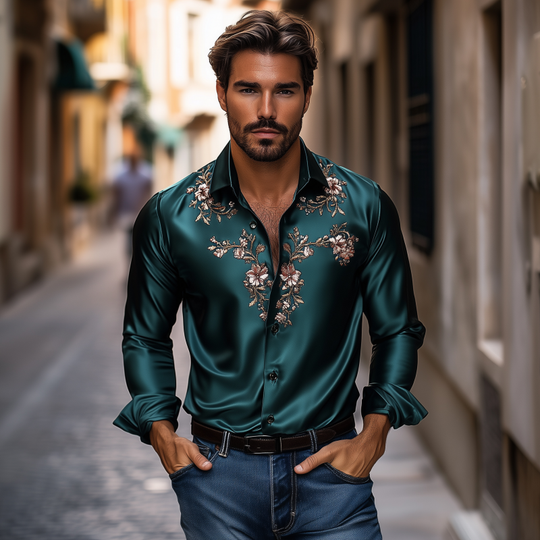 Men's Vintage Flower Embroidery Elegant Solid Satin Lapel Slim Fit Long Sleeve Shirt DTT25072422