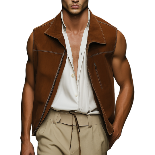 Men's Vintage Classic Suede Zip-Up Vest DTT25061710