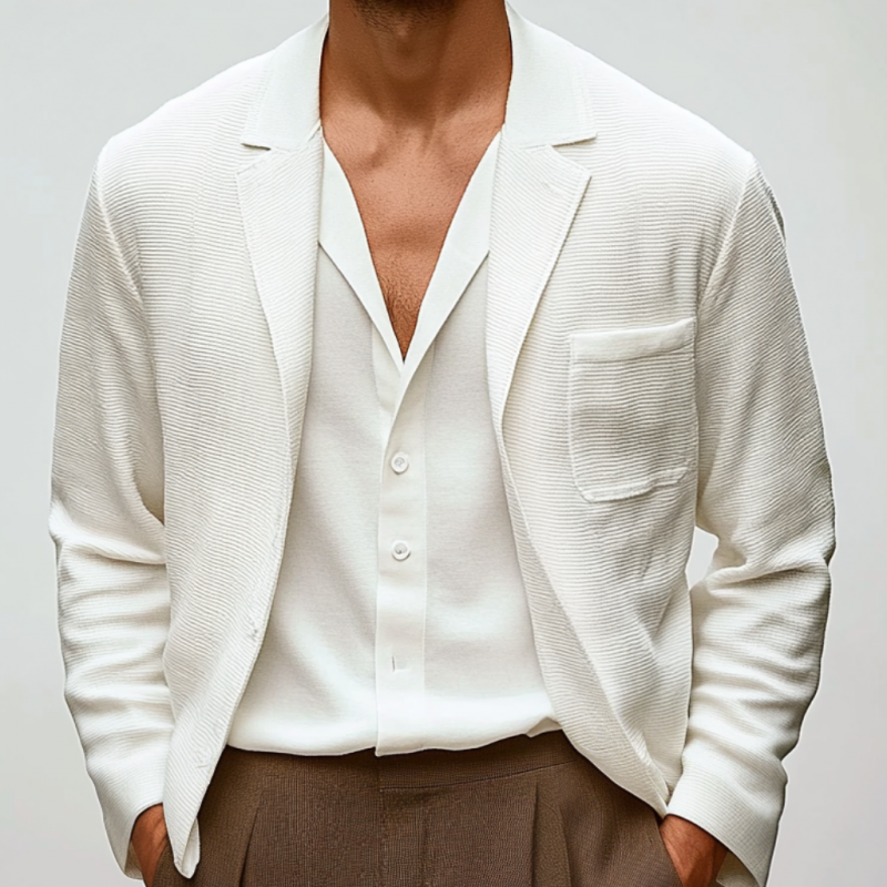 Men's Casual Striped Cotton Blend Textured Notch Lapel Single-breasted Loose Blazer DTT25060315