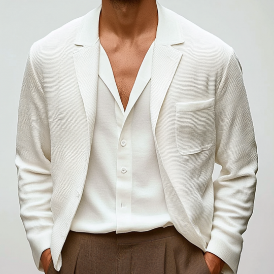 Men's Casual Striped Cotton Blend Textured Notch Lapel Single-breasted Loose Blazer DTT25060315