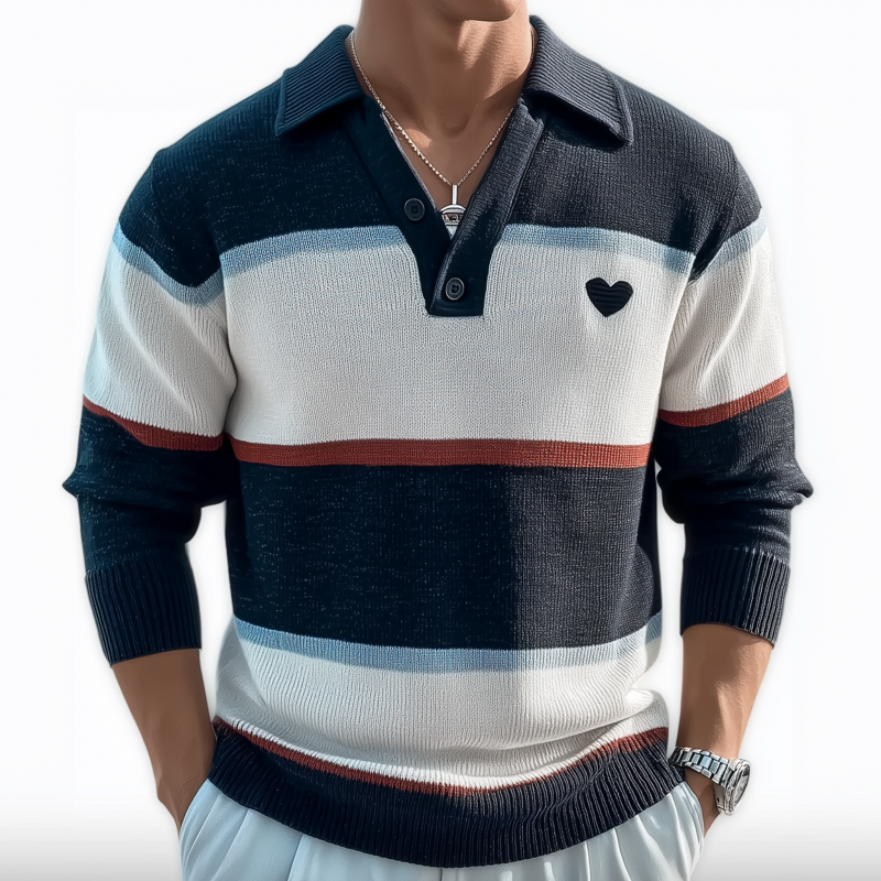 Men's Casual Breathable Lapel Contrast Striped Loose Knit Long-sleeved Polo Shirt DTT25080404
