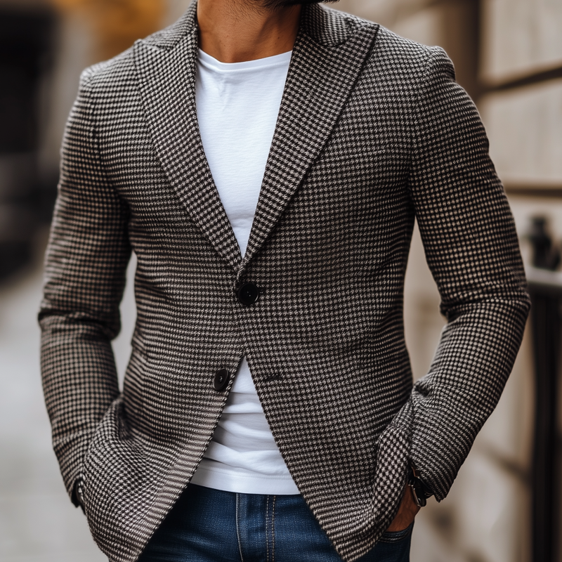 Men's Vintage Houndstooth Peak Lapel Single-breasted Slim-fit Blazer DTT25080701