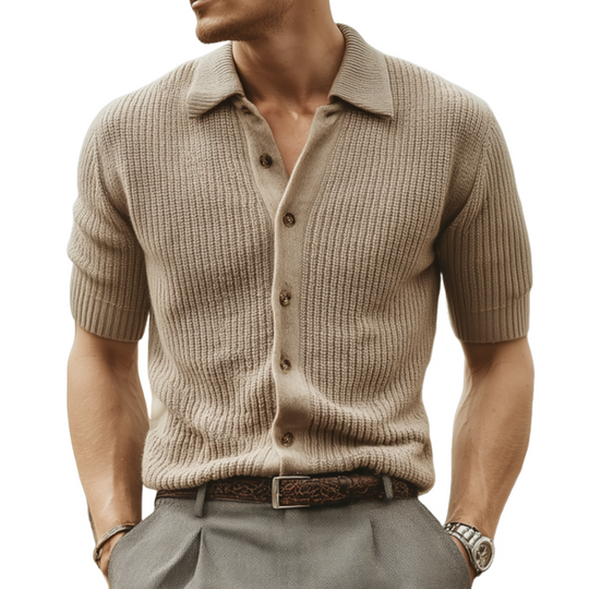 Men's Fashion Solid Color Lapel Single Breasted Knitted Short Sleeve Shirt Cardigan DTT25062519