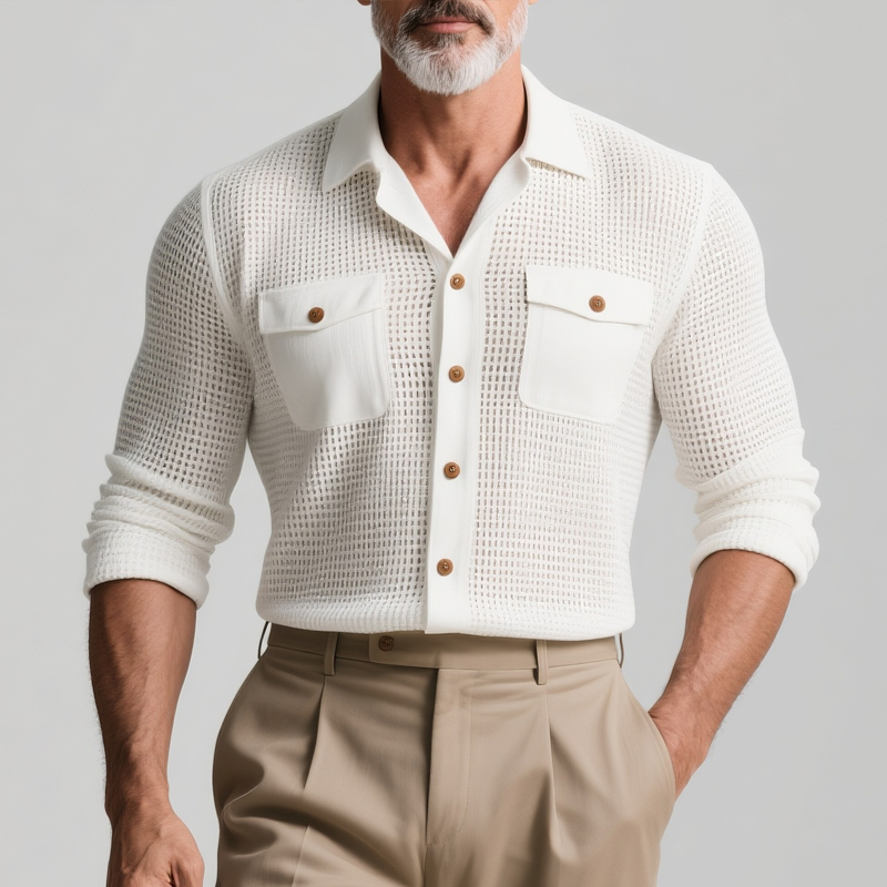 Men's Solid Hollow Out Fabric Lapel Long Sleeve Shirt DTT25073111