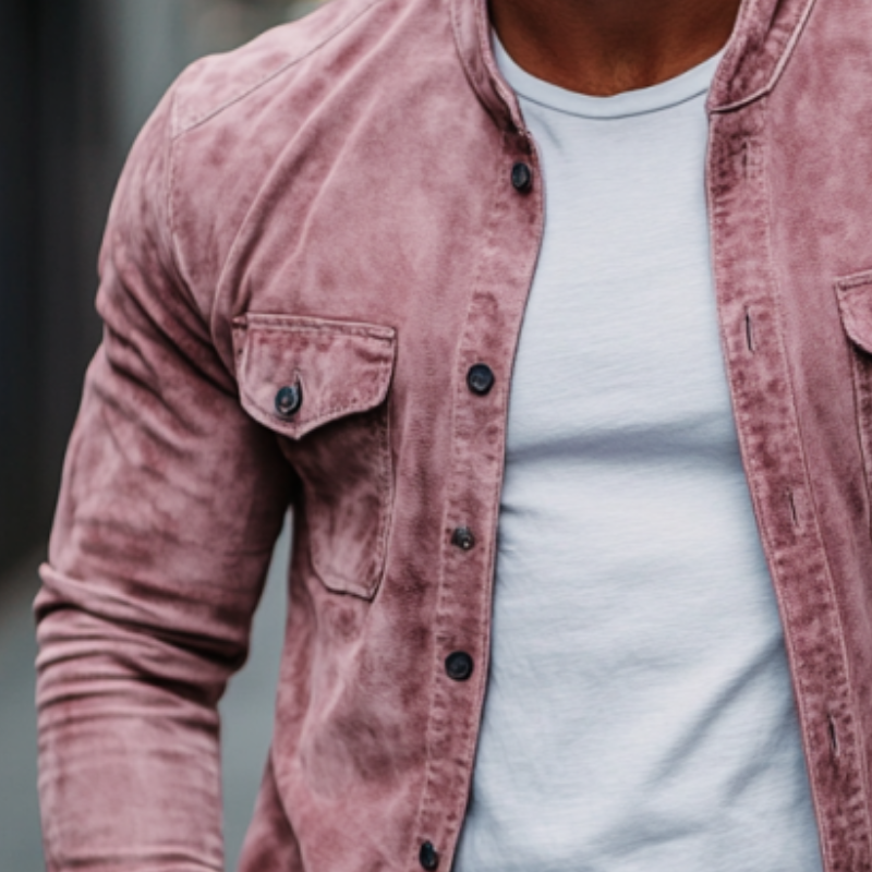 Men's Fashion Suede Crew Neck Double Chest Pockets Long Sleeve Shirt 9899721588920