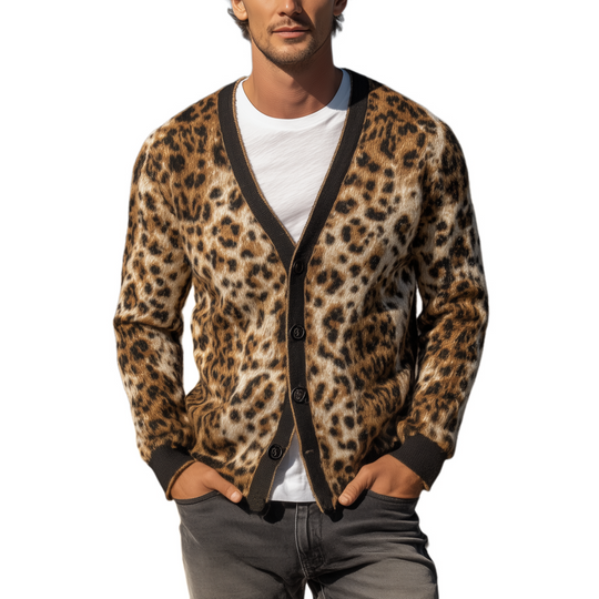 Men's Classic Vintage Leopard Mohair Knitted Slim Fit Cardigan DTT25081416