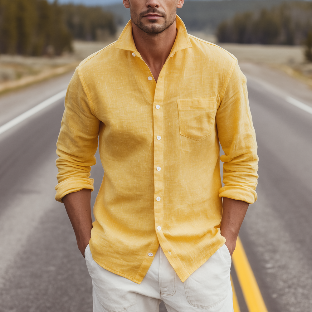 Men's Classic Casual Lapel Cotton And Linen Blend Slim Fit Long Sleeve Shirt DTT25080605