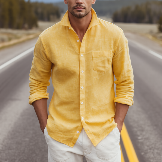 Men's Classic Casual Lapel Cotton And Linen Blend Slim Fit Long Sleeve Shirt DTT25080605