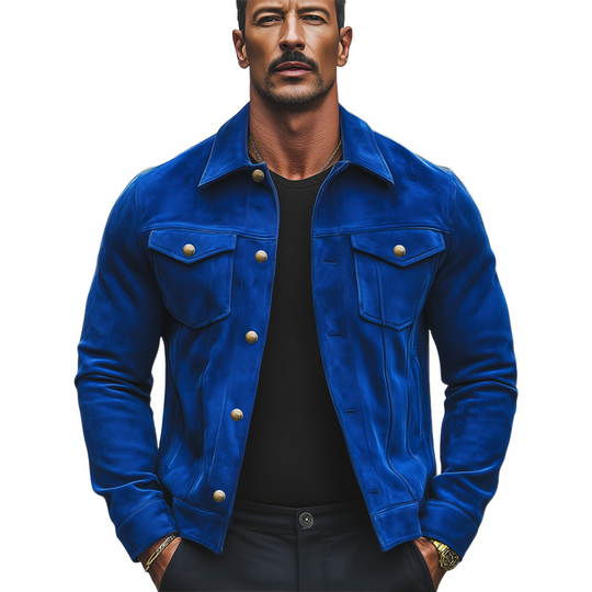 Men's Vintage Klein Blue Suede Button-Down Jacket DTT25082217