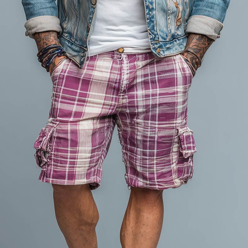Men's Summer Linen Blend Fashion Plaid Print Casual Shorts DTT25071714
