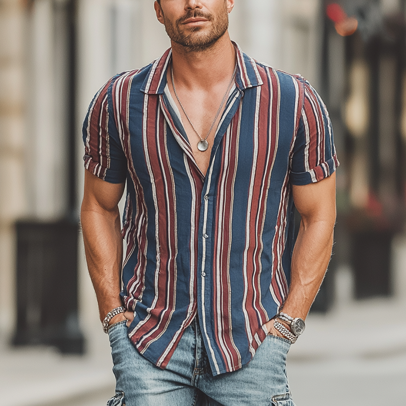 Men's Summer Cotton Blend Fashion Stripe Print Short Sleeve Shirt DTT25071716