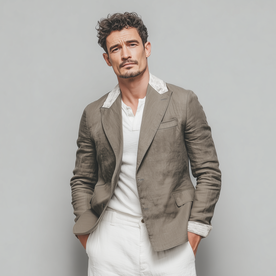 Men's Stylish Casual Cotton And Linen Blend Collar And Cuffs Lace Single-breasted Blazer DTT25073014