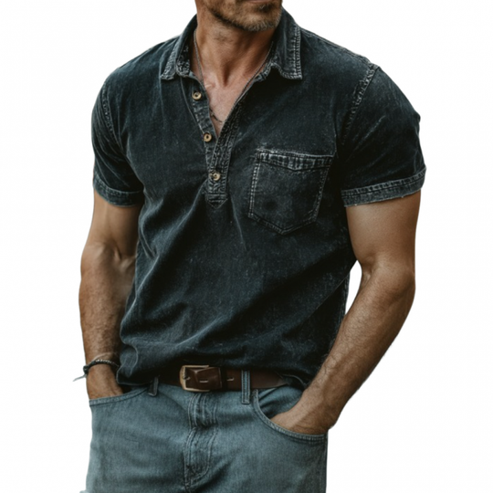 Men's Casual Outdoor Denim Washed Distressed Lapel Patch Pocket Slim Fit Short-sleeved Polo Shirt DTT25062320