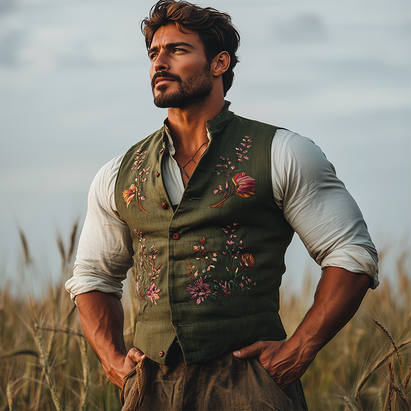 Men's Summer Fashion Embroidered Slub Linen Sleeveless Vest DTT25070111