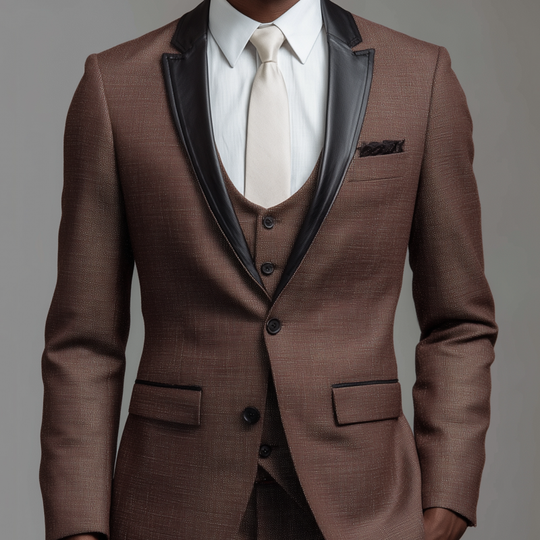 Men's Fashionable Cotton Blend Patchwork PU Peaked Lapel Single-breasted Slim-fit Suit Blazer DTT25081417