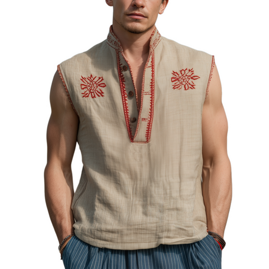 Men's Classic Casual Western Style Cotton And Linen Embroidered Henley Collar Loose Tank Top DTT25072913