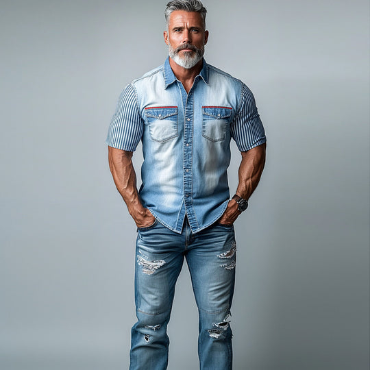 Men's Denim Chest Pocket Button Striped Short Sleeve Shirt 9903586771128