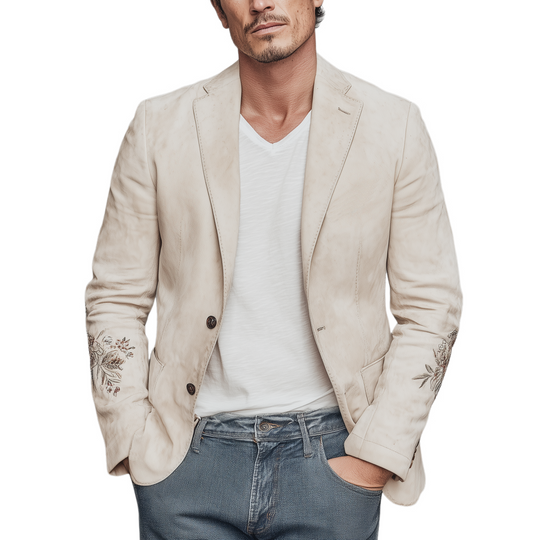 Men's Spring Fashion Casual Solid Color Thin Suede Cuff Embroidery Single Breasted Blazer DTT25072104