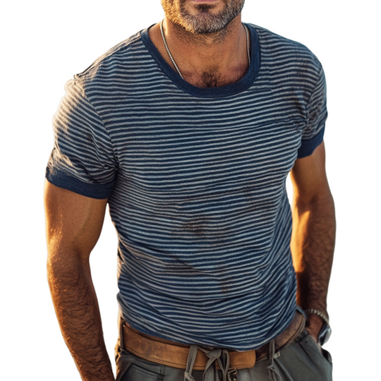 Men's Retro Casual Shabby Striped Printed Round Neck Short Sleeve T-Shirt DTT25053017