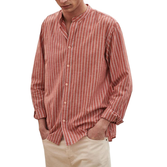 Men's Casual Cotton Linen Contrast Striped Stand Collar Loose Long Sleeve Shirt 9902010040504