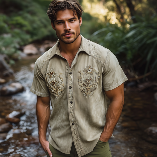 Men's Summer Floral Embroidered Suede Short Sleeve Shirt DTT25061016