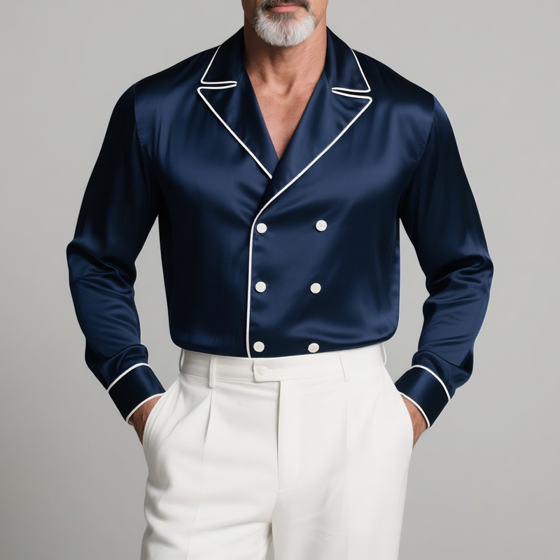 Men's White Trim Lapel Double Breasted Long Sleeve Satin Shirt DTT25072910