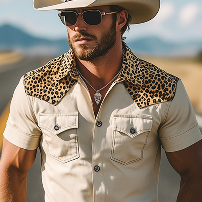 Men's Spring And Summer Classic Retro Western Cowboy Style Cotton Blended Leopard Print Slim Short-Sleeved Shirt DDT25052919