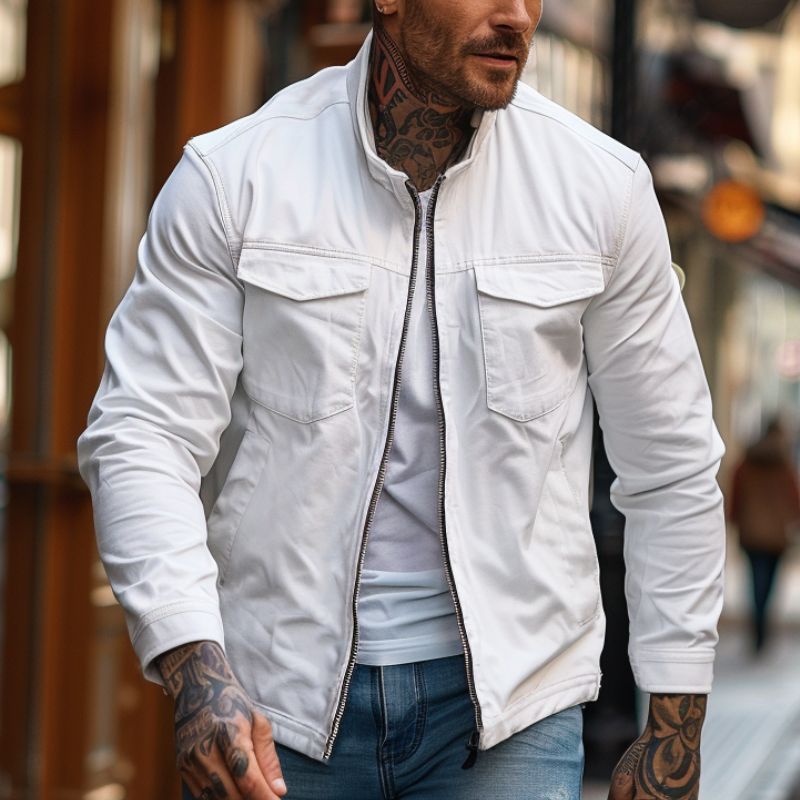 Men's Casual Stand Collar Zip-up Canvas Jacket 9899722932408