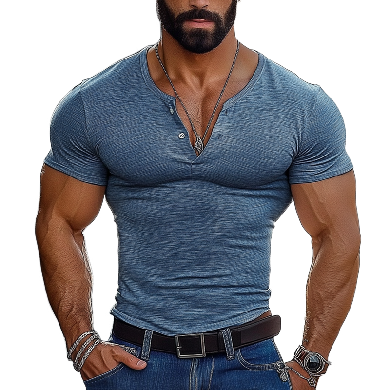 Men's Cotton Blend Henley Neck Short Sleeve T-Shirt DTT25072816