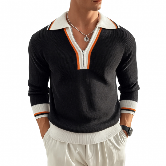 Men's Casual Contrast Color Zipper Lapel Slim Fit Knitted Long Sleeve Polo Shirt DTT25080401