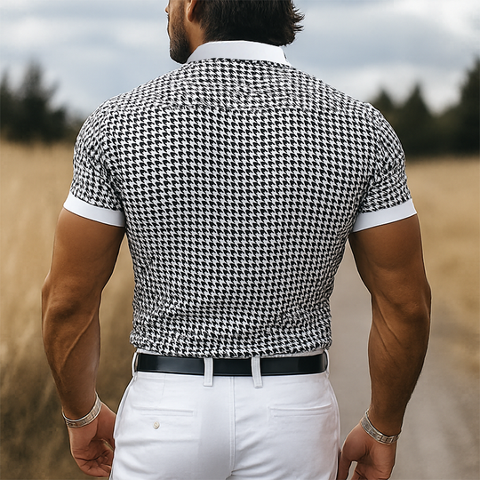 Men's Spring And Summer Fashion Casual Houndstooth Print Stitching Stretch Cotton Blend Stand Collar Slim Short Sleeve Shirt DTT25060607