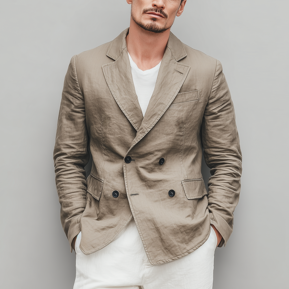 Men's Classic Casual Cotton And Linen Blend Solid Color Double Breasted Blazer DTT25073013