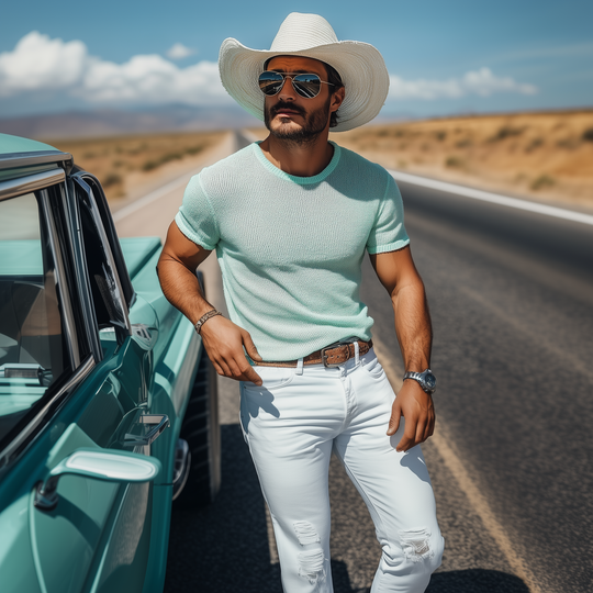 Men's Spring And Summer Fashion Casual Western Style Mint Green Slim Fit Knitted Short-sleeved T-shirt DTT25060624