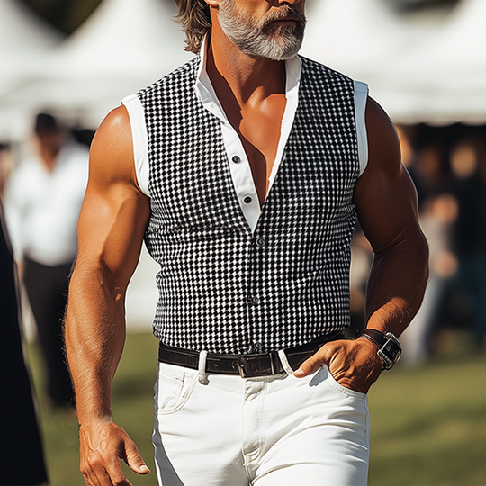 Men's Spring And Summer Fashion Casual Houndstooth Print Stitching Stretch Cotton Blend Stand Collar Slim Sleeveless Shirt DTT25060608