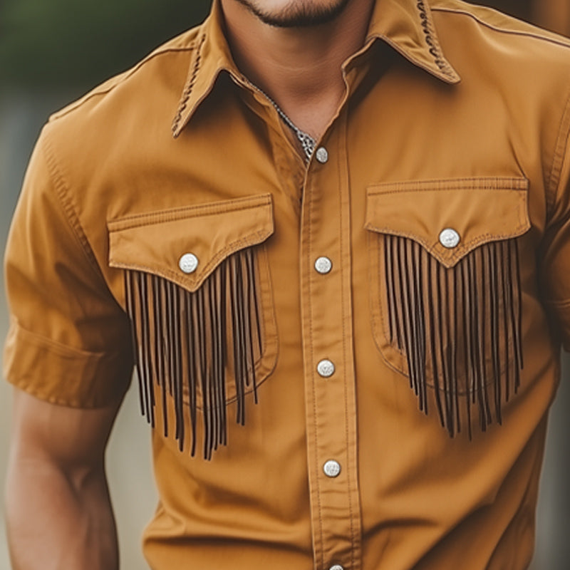 Men's Summer Western Cowboy Style Tassel Short Sleeve Shirt DTT25061309