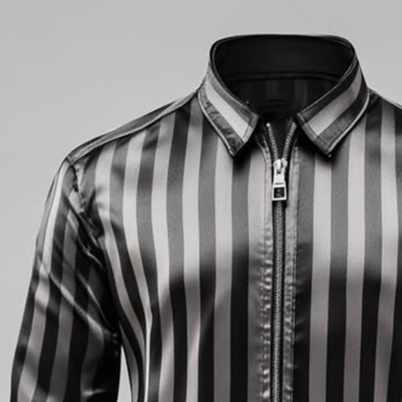 Men's Vintage Casual Satin Stripe Lapel Zipper Long Sleeve Shirt 9911545626808