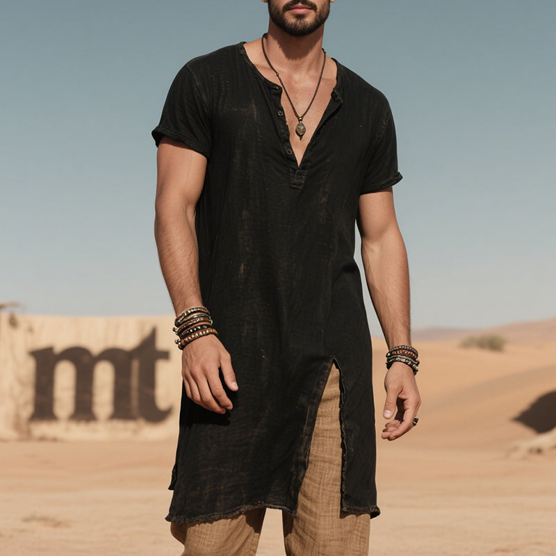 Men's Vintage Casual Cotton Washed Long Henley Short Sleeve T-Shirt DTT25062019